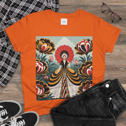 ❤️🌺 The Scarlet Parasol Garden Cotton Tee – Art Deco Floral Elegance