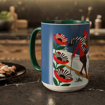 🎿🎄 The Christmas Holly Skier Colorful Mug – Whimsical Holiday Fantasy