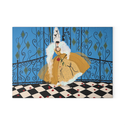 🎭🌹 The Rose Masquerade Glass Cutting Board – Art Deco Venetian Elegance