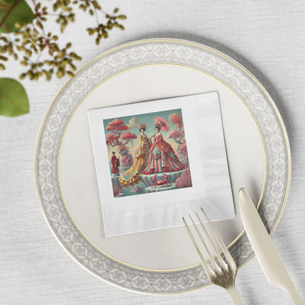 Cherry Blossom Courtesans & Crimson Crab White Coined Napkins – Imperial Elegance & Playful Charm