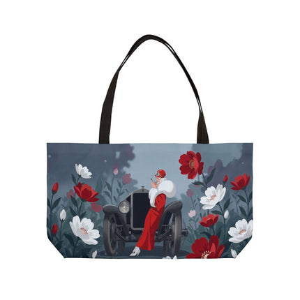 🚗🌺 The Lady Of The Grand Touring Car Weekender Tote Bag – Art Deco Motoring Elegance