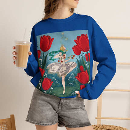🌷🩰 The Scarlet Tulip Ballet Crewneck Sweatshirt – Art Deco Floral Whimsy