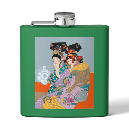 Two Geishas in Peacock Kimonos Flask – Timeless Elegance & Sisterly Grace