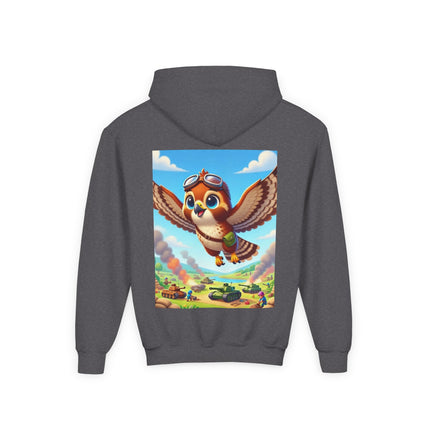 Red-Tailed Hawk in Battle Youth Hooded Sweatshirt – Flight, Courage & High-Flying Adventure