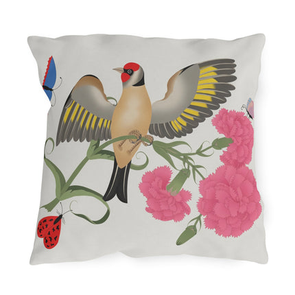 Goldfinch & Pink Flowers Outdoor Pillows – Vibrant Spring & Delicate Beauty