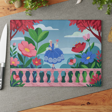🌸💙 The Lady Of The Garden Terrace Glass Cutting Board – Art Deco Floral Fashion Elegance