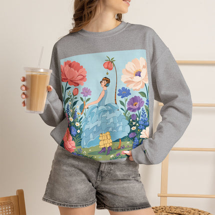 🌸🩵 The Blue Ruffle Garden Crewneck Sweatshirt – Art Deco Floral Whimsy