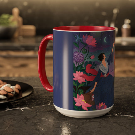 The Lady And The Morning Song Colorful Mugs – Art Deco Botanical Elegance