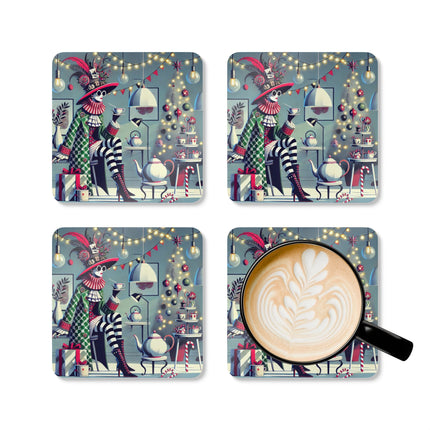 Whimsical Christmas Tea Party Corkwood Coaster Set