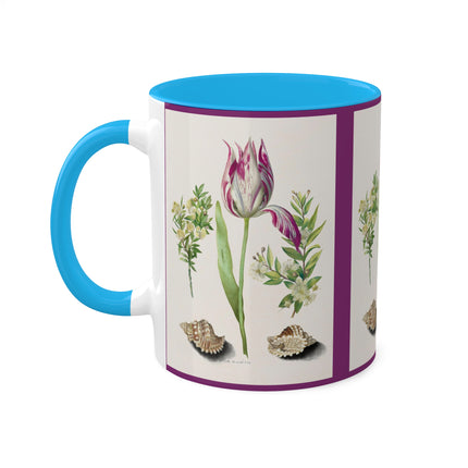 Tulip, Branches of Myrtle and Shells by Maria Sibylla Merian Colorful Mugs, 11oz