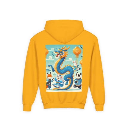 Blue & Gold Dragon Festival Parade Youth Hooded Sweatshirt – Joyful Celebration & Cultural Magic