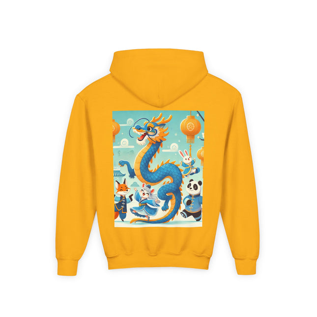 Blue & Gold Dragon Festival Parade Youth Hooded Sweatshirt – Joyful Celebration & Cultural Magic