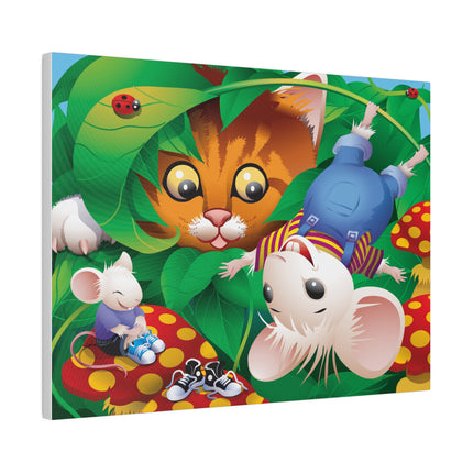 Whimsical Adventure – Playful Cat and Mice in a Colorful Forest