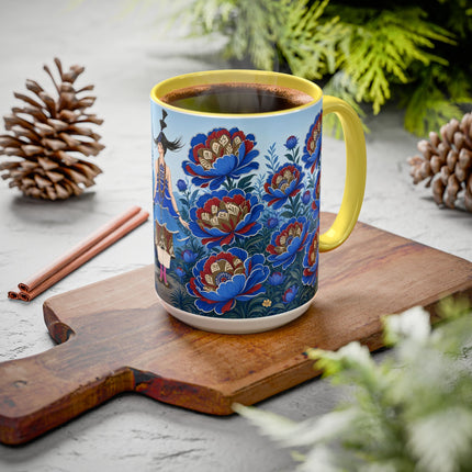 💙🌺 The Sapphire Blossom Garden Dancer Colorful Mug – Art Deco Fashion Fantasy