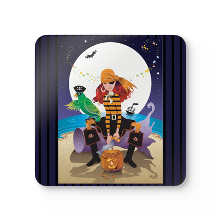 Moonlit Pirate Halloween Corkwood Coaster Set
