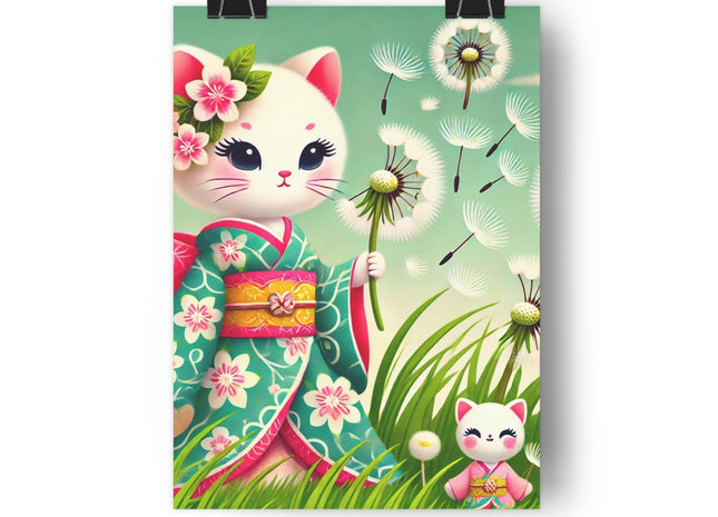 Geisha Kitten and the Dandelion Wish Giclée Art Print
