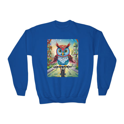 Cycling Owl Youth Crewneck Sweatshirt – Urban Adventure & Playful Motion