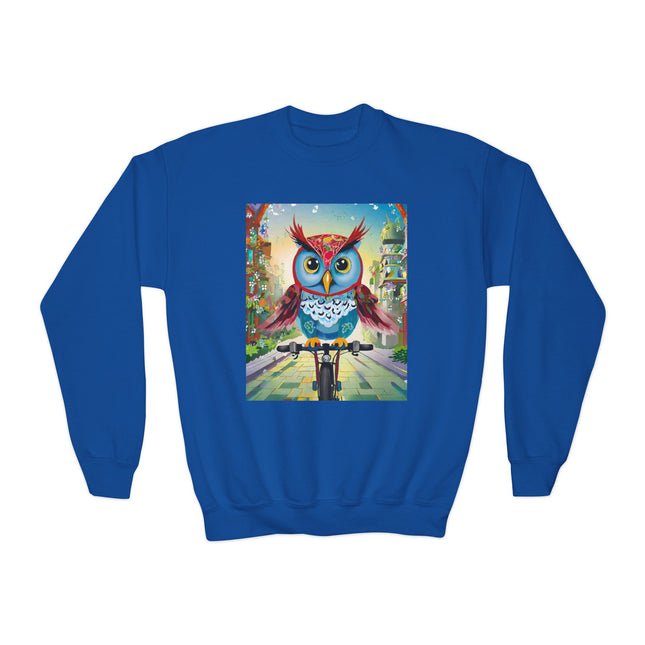 Cycling Owl Youth Crewneck Sweatshirt – Urban Adventure & Playful Motion