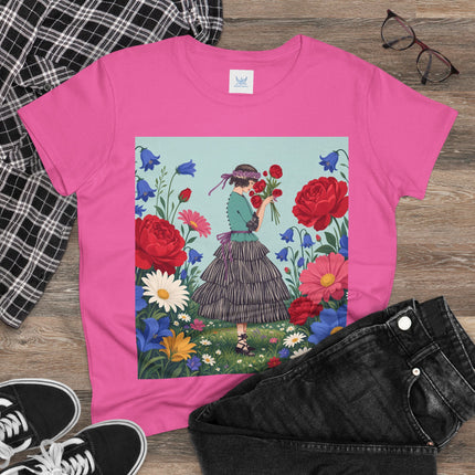 🌹💙 The Rose Bouquet Promenade Cotton Tee – Art Deco Floral Whimsy