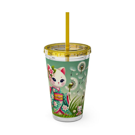 Geisha Kitten and the Dandelion Wish Sunsplash Tumbler with Straw, 16oz