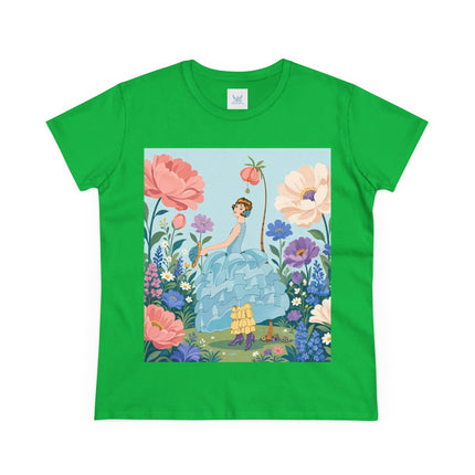 🌸🩵 The Blue Ruffle Garden Cotton Tee – Art Deco Floral Whimsy