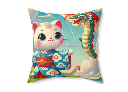 Geisha Kitten and the Dragon Kite Spun Polyester Square Pillow
