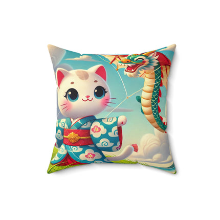 Geisha Kitten and the Dragon Kite Spun Polyester Square Pillow