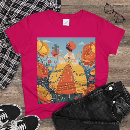 🧡🌼 The Golden Flower Promenade Cotton Tee – Art Deco Floral Elegance
