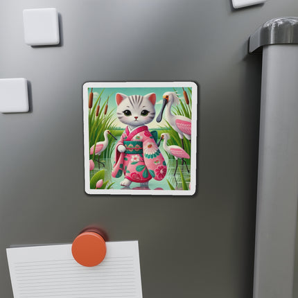 Geisha Kitten Strolls Among the Spoonbills Die-Cut Magnets (5 Sizes)