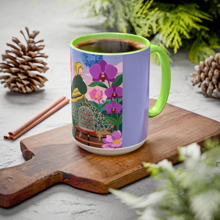 The Lady And The Crimson Birdcage Colorful Mugs – Art Deco Tropical Garden Elegance