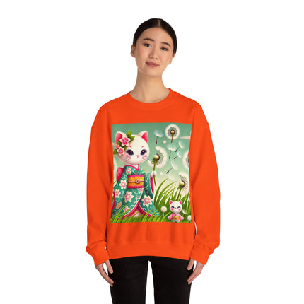Geisha Kitten and the Dandelion Wish Heavy Blend™ Crewneck Sweatshirt