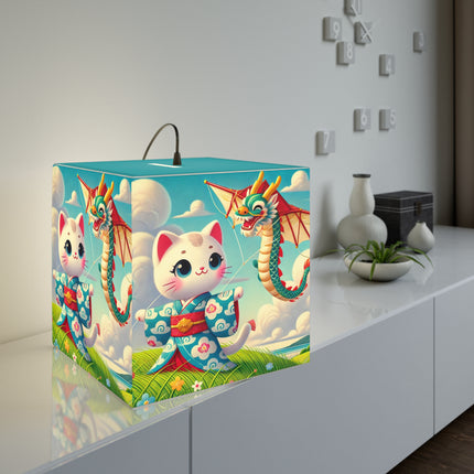 🪁🐉 Geisha Kitten and the Dragon Kite Light Cube Lamp – Joyful Flight & Dragon Spirit