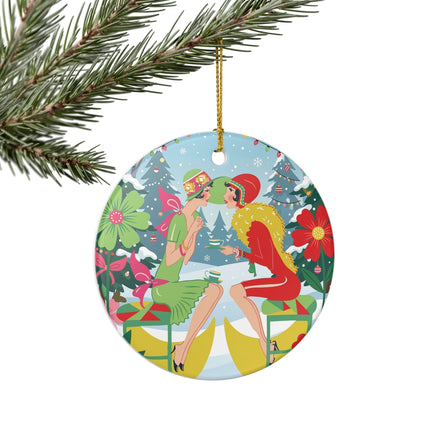 ☕🎄 Christmas Tea In The Snow Garden Ceramic Ornament – Art Deco Holiday Friendship