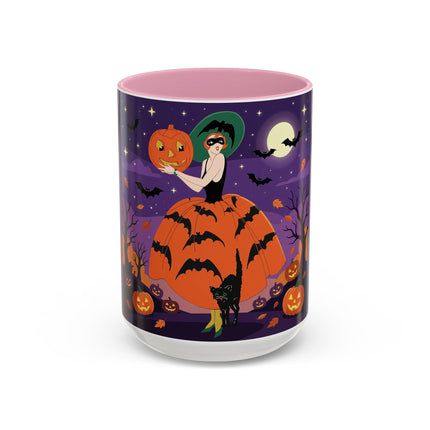🎃🌕 The Pumpkin Moon Enchantress Colorful Mug – Elegant Halloween Masquerade