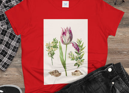 Tulip flower with Two Branches of Myrtle and Shells Cotton Tee