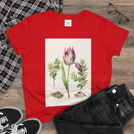Tulip flower with Two Branches of Myrtle and Shells Cotton Tee