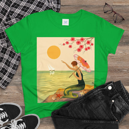 🧜‍♀️🌸 The Mermaid Beneath The Blossoms Cotton Tee – Art Deco Seaside Fantasy