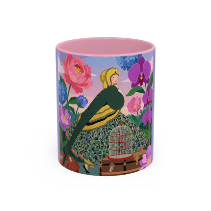 The Lady And The Crimson Birdcage Colorful Mugs – Art Deco Tropical Garden Elegance