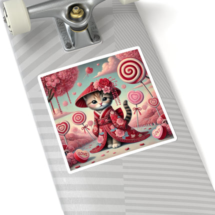Whimsical Geisha Kitten in a Valentine Garden Kiss-Cut Stickers (4 Sizes)