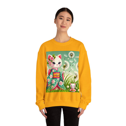 Geisha Kitten and the Dandelion Wish Heavy Blend™ Crewneck Sweatshirt