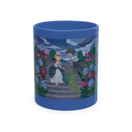 🦚🌸 The Lady & The Peacock On The Garden Steps Ceramic Mug – Art Deco Garden Elegance