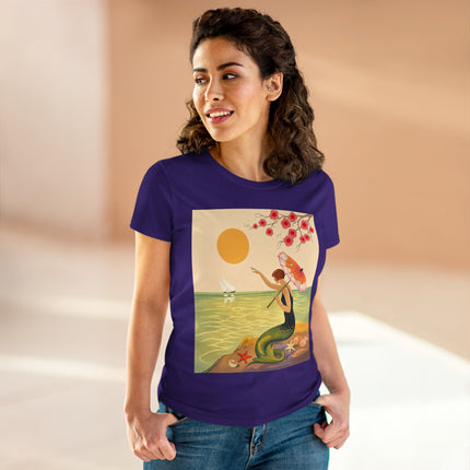 🧜‍♀️🌸 The Mermaid Beneath The Blossoms Cotton Tee – Art Deco Seaside Fantasy