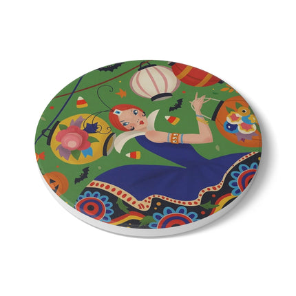 🏮🎃 The Lady Of Halloween Lanterns Ceramic Coaster – Colorful Art Deco Halloween Charm