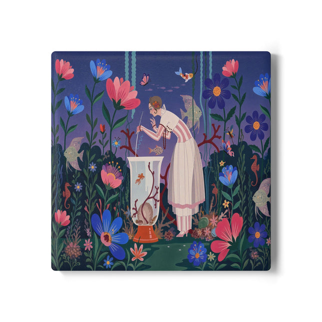 🐠🌸 The Enchanted Aquarium Garden Ceramic Coaster – Art Deco Underwater Fantasy