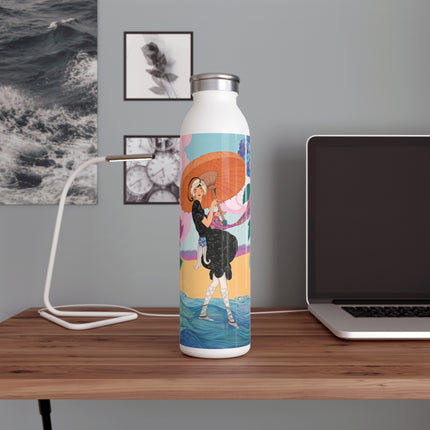 🌸☂️ The Lady With The Orange Parasol Slim Water Bottle – Art Deco Floral Whimsy