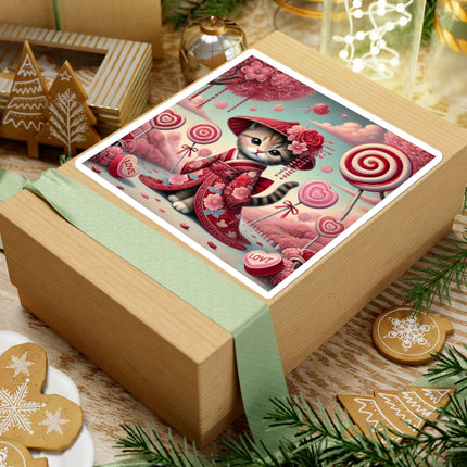 Whimsical Geisha Kitten in a Valentine Garden Kiss-Cut Stickers (4 Sizes)