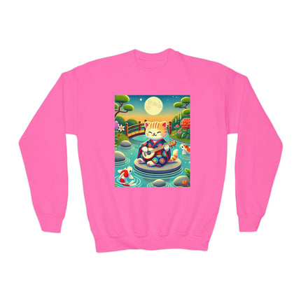 Melodic Kitten by the Koi Pond Youth Crewneck Sweatshirt – Harmony, Joy & Whimsical Charm
