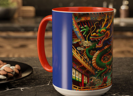 Tibetan Dragon Over Kabuki Duel Colorful Mugs (11oz, 15oz)