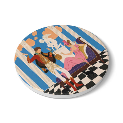 🐈🏛️ The Grand Salon Courtship Ceramic Coaster – Art Deco Neoclassical Romance