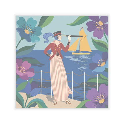 🌊🔭 The Lady Of The Seaside Lookout Kiss-Cut Stickers – Art Deco Nautical Adventure